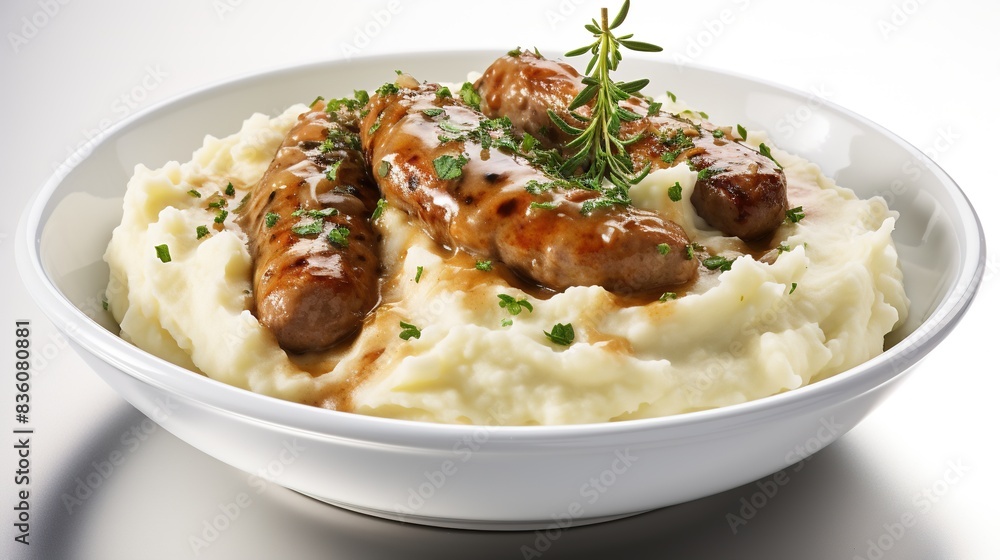 mashed potatoes and sausage, Pub food on white background mashed potatoes and sausage, Pub food on white background