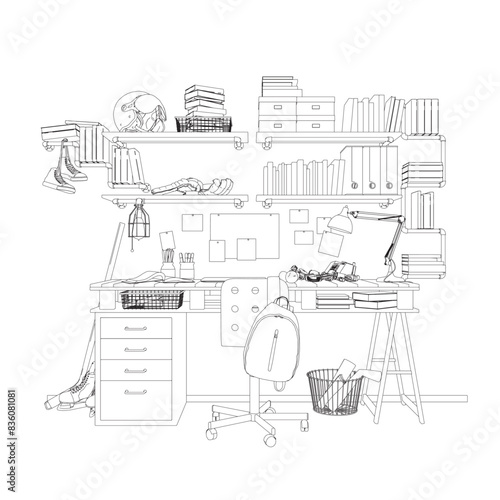 Vector illustration of a teenager's room interior made of black lines isolated on a white background. A table with many books, educational supplies and sports equipment.