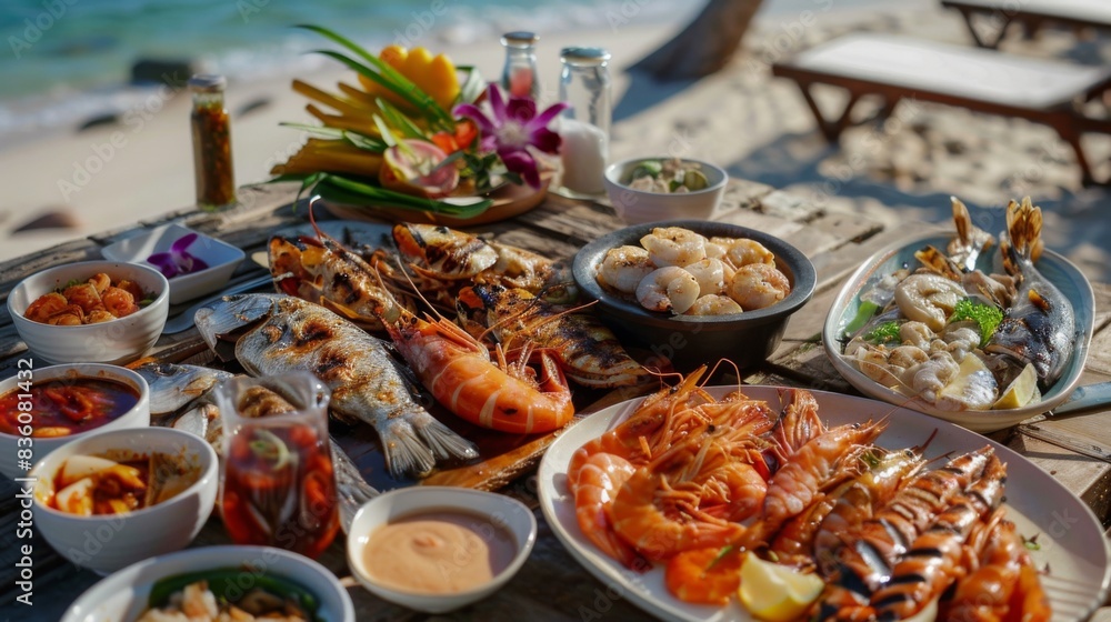 A seafood barbecue feast featuring grilled squid, shrimp, and fish, served with assorted dipping sauces and grilled vegetables on a beachside table. A seafood barbecue feast featuring grilled squid, shrimp, and fish, served with assorted dipping sauces and grilled vegetables on a beachside table.