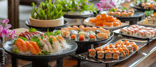 An array of exquisite sushi and sashimi displayed invitingly at a Japanese buffet.