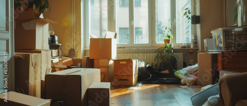 Chaotic moving day scene with cardboard boxes in a sun-filled apartment. photo