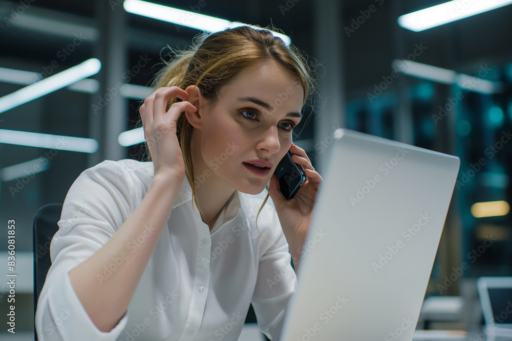 Female business manager talking on mobile phone while working with laptop in office Female business manager talking on mobile phone while working with laptop in office