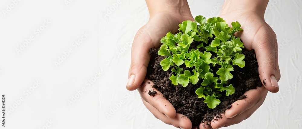 Hands holding soil with green plant, showcasing growth, nature, and environmental care. Ideal for sustainability and conservation themes.