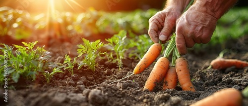 Close-up of hands harvesting fresh carrots in the garden at sunset, highlighting organic farming and home-grown produce.