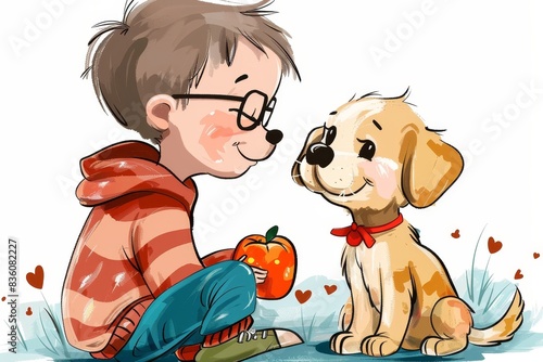 An adorable sketch of a bespectacled boy and a little puppy facing each other with a red heart and foliage photo