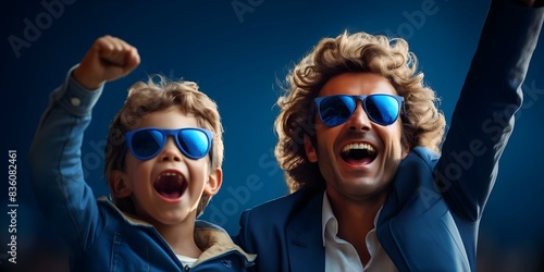 French father and son in blue clothes cheer for national sports team. Concept Family Bonding, French Pride, Sports Enthusiasts, Father and Son Moments, National Team Support photo