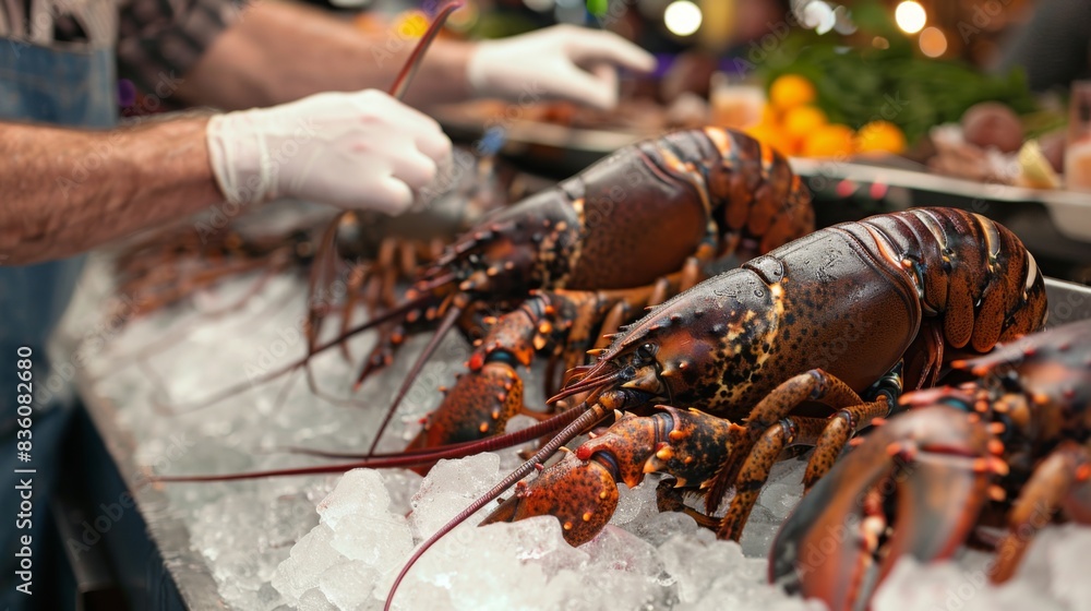 Φωτογραφία A seafood market vendor displaying a variety of lobsters on ice, showcasing different sizes and species for customers to choose from