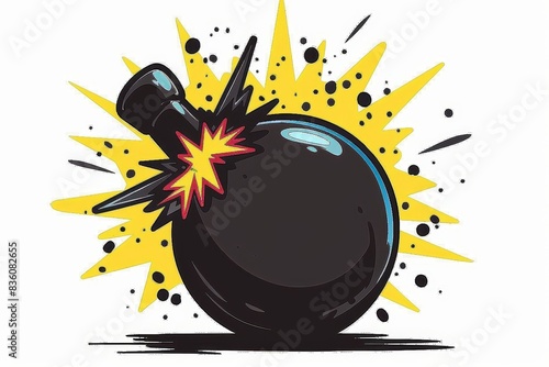 A classic black bomb with a lit fuse and explosive yellow background effect photo
