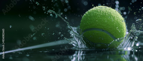 Tennis ball making a dynamic splash on a wet surface. © Ai Studio