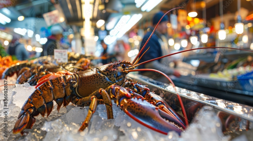 Φωτογραφία A seafood market vendor displaying a variety of lobsters on ice, showcasing different sizes and species for customers to choose from