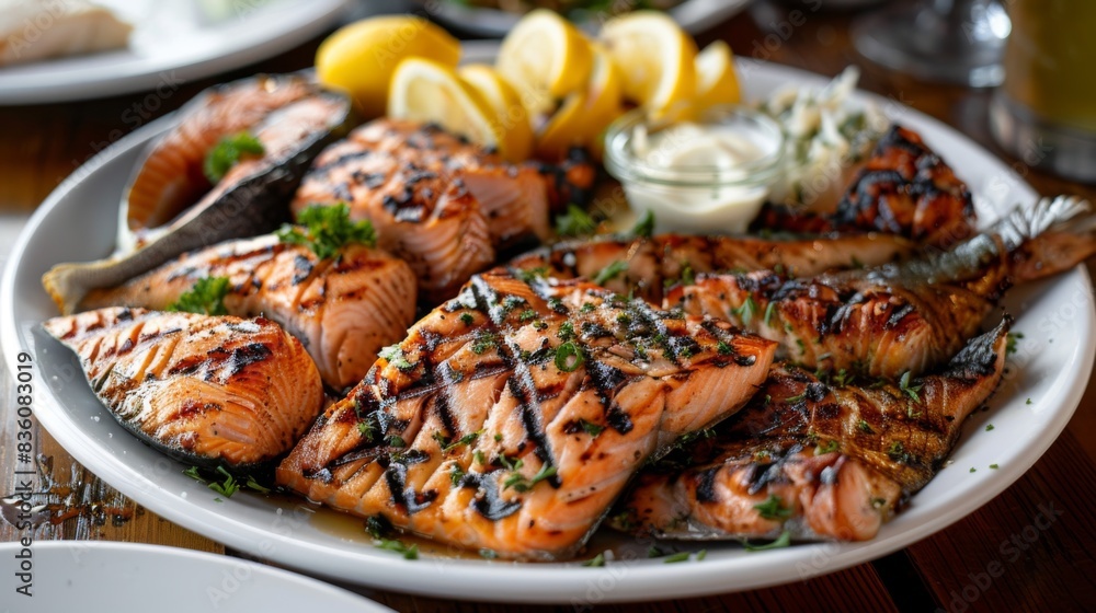 A seafood restaurant platter featuring a variety of grilled fish steaks, including salmon, tuna, and swordfish, served with lemon wedges and tartar sauce. A seafood restaurant platter featuring a variety of grilled fish steaks, including salmon, tuna, and swordfish, served with lemon wedges and tartar sauce.