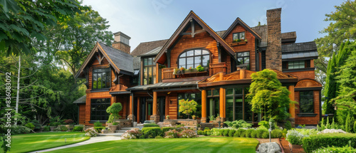 Majestic wooden house nestled in lush greenery under a clear sky.