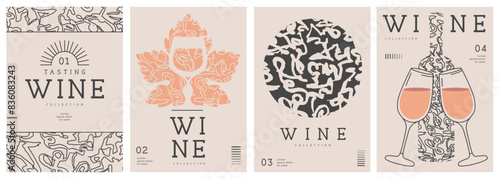 Set of modern line art magazine covers or posters with wine bottles, glasses and abstract texture. Restaurant menu design. Vector illustration