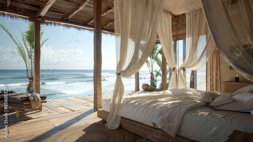 A serene beachfront bedroom with a canopy bed  flowing curtains  and panoramic views of the ocean for a tranquil retreat.