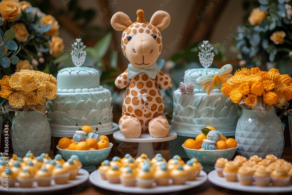A children's themed dessert table showcasing a stuffed giraffe surrounded by cakes and cupcakes A children's themed dessert table showcasing a stuffed giraffe surrounded by cakes and cupcakes