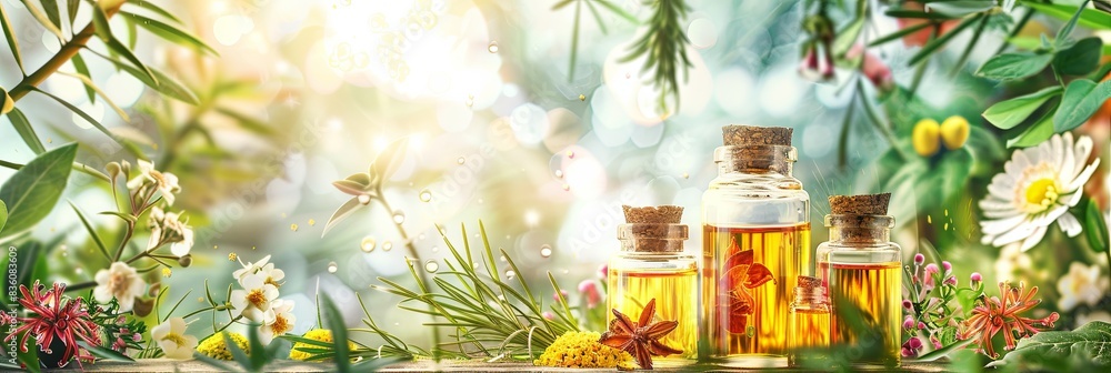 Glass bottles filled with golden plant oils and extracts sit amongst vibrant, green foliage and delicate blooms. Generative AI Glass bottles filled with golden plant oils and extracts sit amongst vibrant, green foliage and delicate blooms. Generative AI
