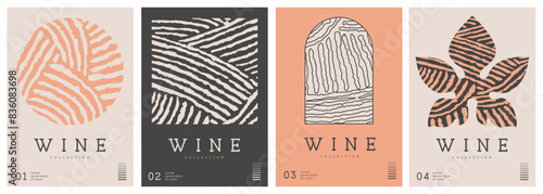 Set of modern line art magazine covers or posters with abstract wine textures. Restaurant menu design. Vector illustration