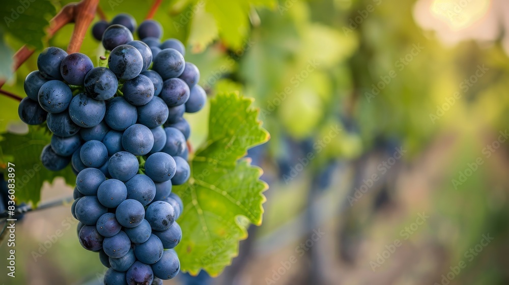 Close-up of ripe purple grapes hanging on the vine in a vineyard, with lush green leaves in the background under sunlight.