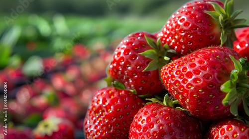 Close-up of ripe strawberries in a garden with a blurred background. Perfect for themes of organic farming  fresh produce  and healthy eating.
