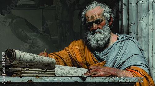 vintage illustration painting of Plato writing, crafting dialogues that explore justice, love, and the nature of reality photo