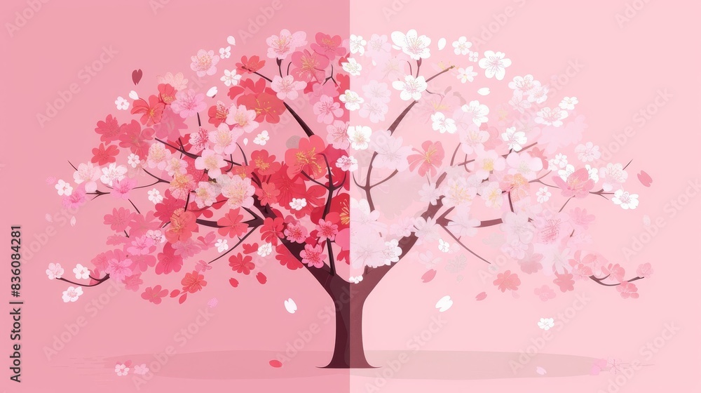 Illustration of a cherry blossom tree with half red and half white flowers, set against a soft pink background.