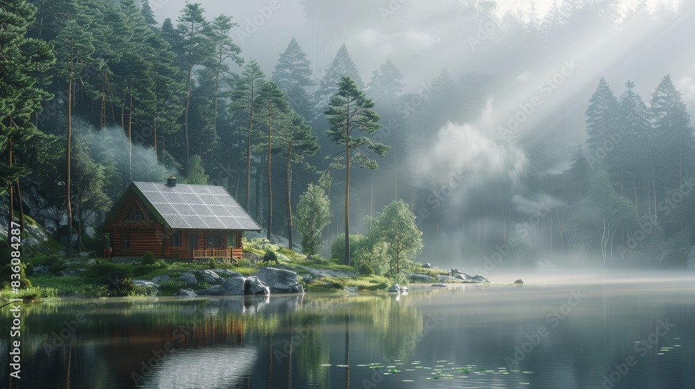 Chalet surrounded by trees near the lake (AI)