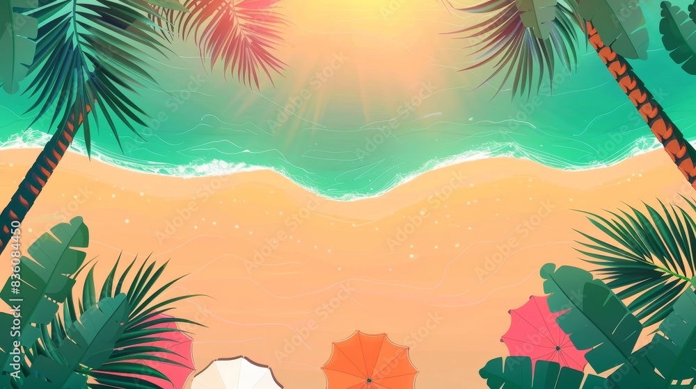 Vibrant tropical beach scene with palm trees, colorful umbrellas, and a beautiful sunrise over calm ocean waves.