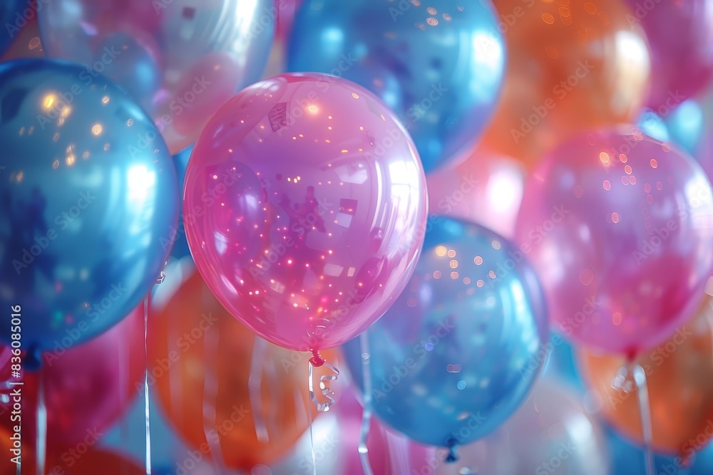 A close-up shot capturing the enchanting details of transparent balloons filled with sparkling confetti against a blur of hues A close-up shot capturing the enchanting details of transparent balloons filled with sparkling confetti against a blur of hues