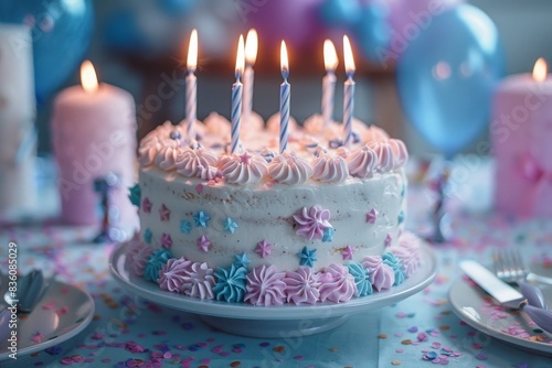 A beautifully frosted birthday cake adorned with lit candles and surrounded by a festive backdrop of balloons