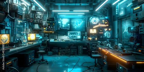  Neon-lit Cyberpunk Robot Workshop in a Dystopian Cityscape . Concept Cyberpunk Aesthetic  Neon Lighting  Dystopian Cityscape  Futuristic Technology  Industrial Setting