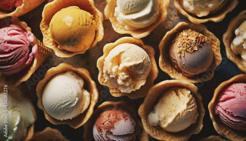 Top view ice creams in waffle cones. Summer sweet refreshing dessert, creamy scoops of ice-cream.