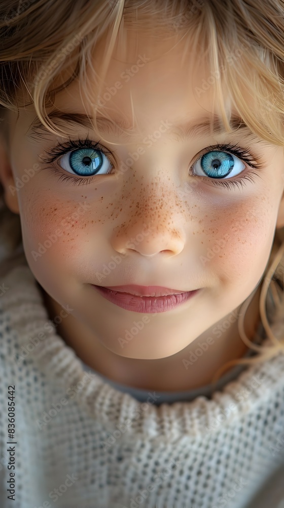 Captivating Portrait of a Thoughtful and Innocent Young Girl with Striking Blue Eyes and a Gentle Smile Captivating Portrait of a Thoughtful and Innocent Young Girl with Striking Blue Eyes and a Gentle Smile