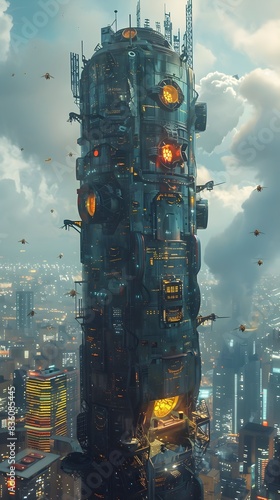 Intricate Surveillance Tower Overlooking a Futuristic Metropolis photo