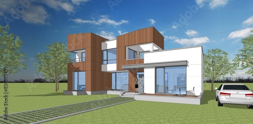 3d perspective rendering of a modern wood finished single house in the park with trees and blue sky. © Daniel
