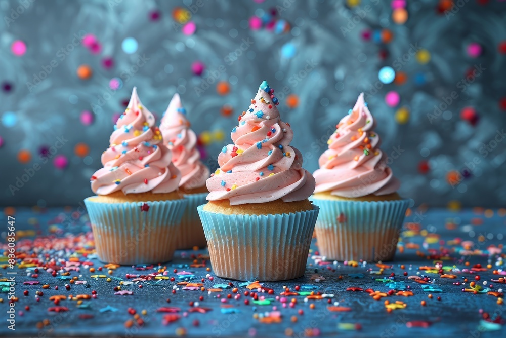 Pink whipped topping cupcakes with sprinkles scattered over them, set against a lively confetti backdrop Pink whipped topping cupcakes with sprinkles scattered over them, set against a lively confetti backdrop