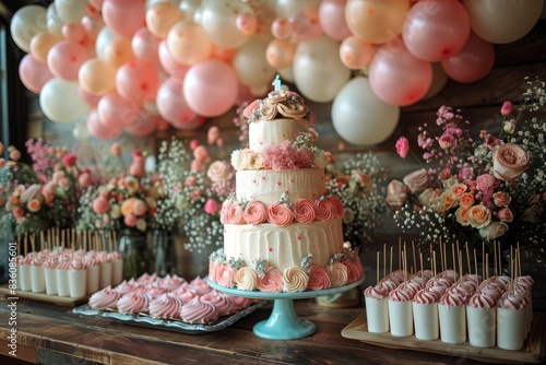 A luxurious wedding cake multi-tiered with pink flower accents photo