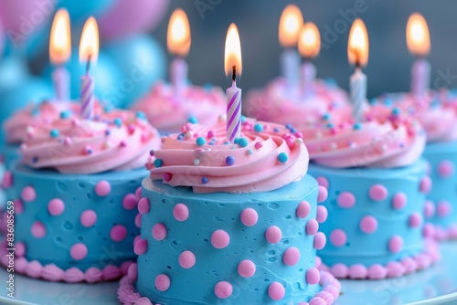 Mini blue frosted cakes with a single birthday candle, focused and detailed photo