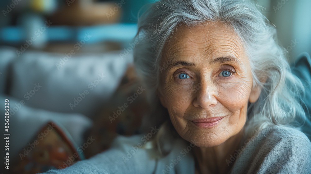 A woman with blue eyes and gray hair is sitting on a couch A woman with blue eyes and gray hair is sitting on a couch