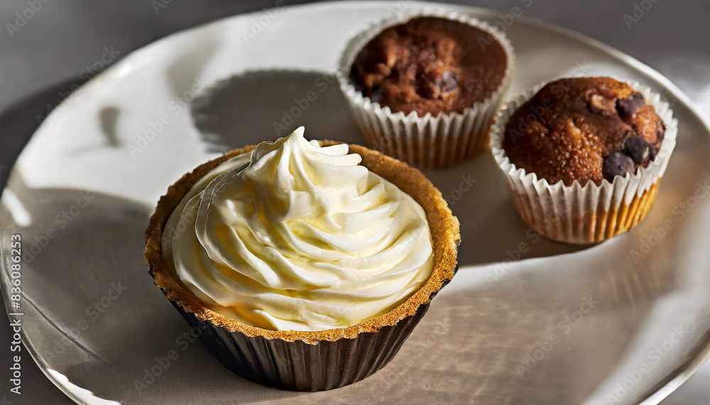 Closeup tasty vanilla cupcakes with cream on table. Bakery food, sweet homemade dessert Closeup tasty vanilla cupcakes with cream on table. Bakery food, sweet homemade dessert