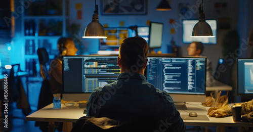 Obraz na płótnie A man sits at his desk in front of two computer monitors, coding late at night. He is focused on his work, and the screen of his monitors reflects the blue light of his keyboard. w salonie