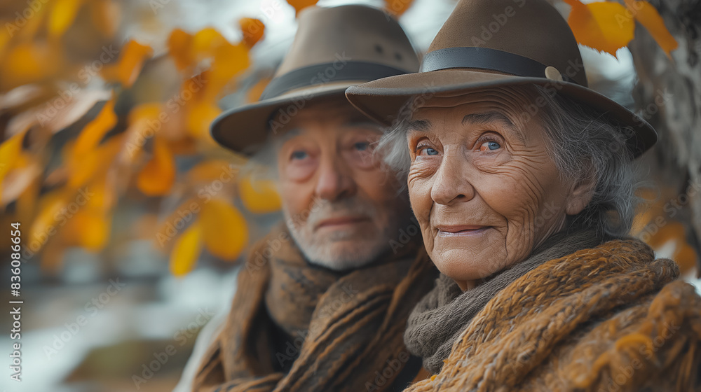 Two elderly people wearing hats and scarves are sitting under a tree Two elderly people wearing hats and scarves are sitting under a tree