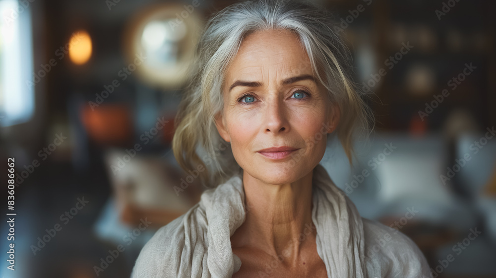 A woman with gray hair and blue eyes is smiling at the camera