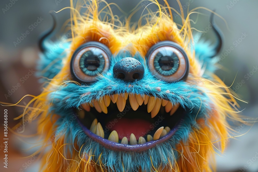 A detailed image of a furry blue and yellow monster with large expressive eyes and a wide grin showcasing intricate textures A detailed image of a furry blue and yellow monster with large expressive eyes and a wide grin showcasing intricate textures