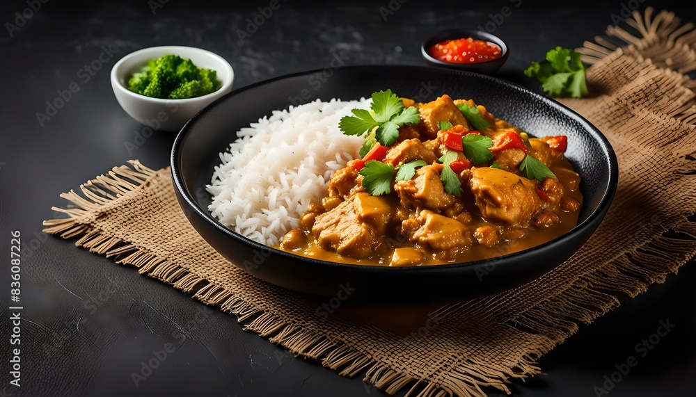 Chicken curry with rice on plate over black stone background.
