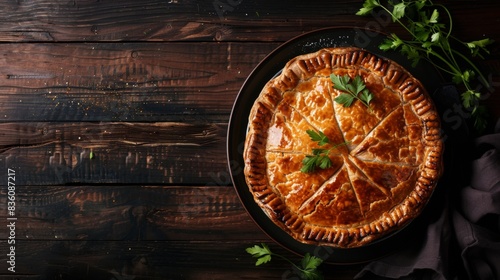 A golden brown pie with flaky crust sits on a rustic wooden table, ready to be served.  Parsley sprigs add a touch of freshness. photo