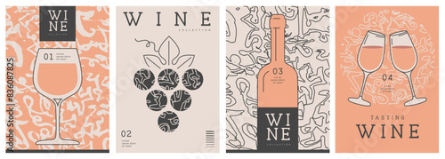 Set of modern line art magazine covers or posters with wine bottles, glasses and abstract texture. Restaurant menu design. Vector illustration