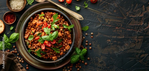 A bowl of chili with tomatoes and herbs on a rustic wooden background. © ishootgood