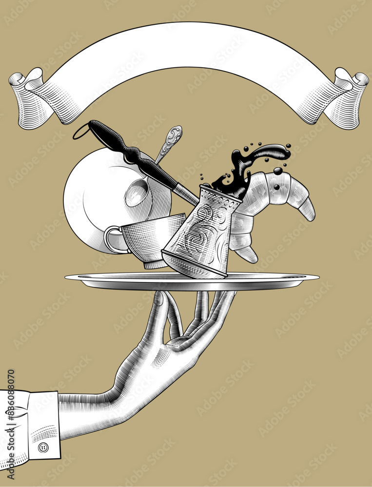 Φωτογραφία A woman's hand holds a round tray with a Turkish coffee pot with coffee splashes, a cup, saucer, spoon, croissant and a retro ribbon banner