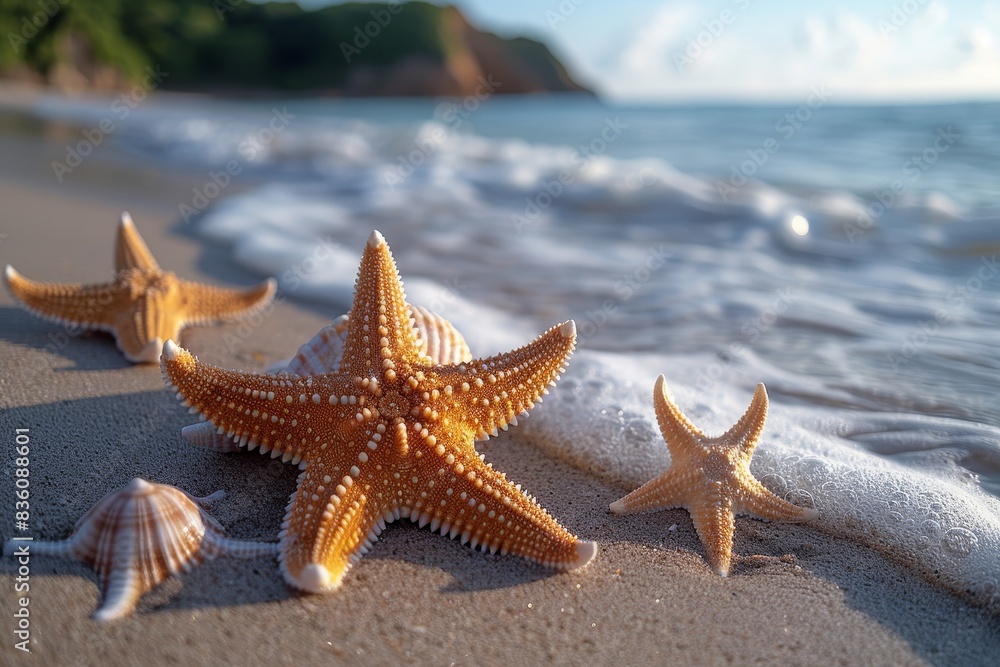 Close-up of starfish and seashells on wet sand with gentle surf in the background Close-up of starfish and seashells on wet sand with gentle surf in the background