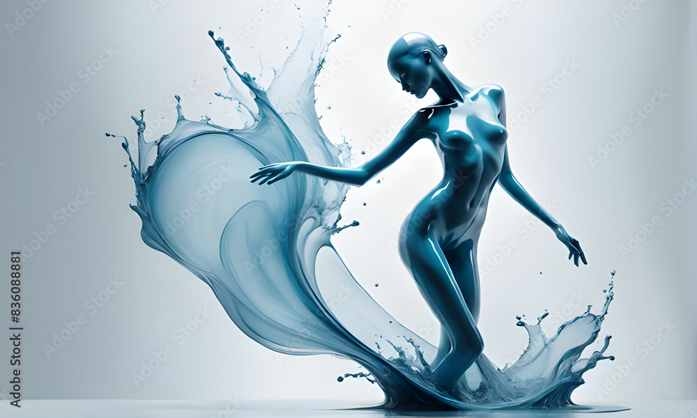Fototapeta premium Translucent watery figure dancing slender woman with pale liquid skin diaphanous body forward 